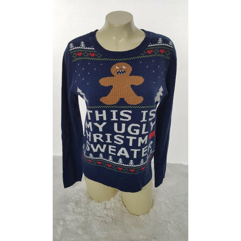 Xhilaration Christmas Holiday Ugly Sweater Gingerbread Funny Women size M Blue